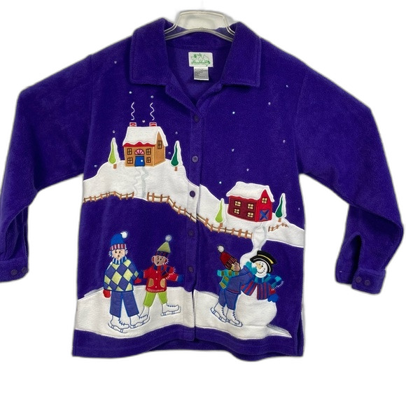 Quacker Factory Snowman Winter Fleece Appliqué and Sequins SZ L Jacket Purple - Picture 1 of 14